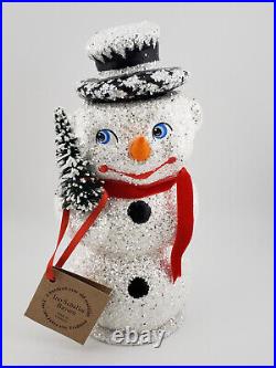 Schaller Paper Mache Candy Container Medium Snowman Holding a Tree 1850