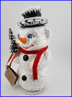 Schaller Paper Mache Candy Container Medium Snowman Holding a Tree 1850