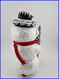 Schaller Paper Mache Candy Container Medium Snowman Holding a Tree 1850