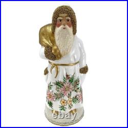 Schaller White Flower Santa with Gold bag German Paper Mache 7.75 Inch Schaller White Flower Santa with Gold bag German Paper Mache 7.75 Inch