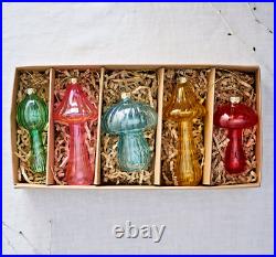 Set 5 Anthropologie Colorful Glass Mushroom Ornaments Christmas Holiday Big Size