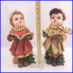 Set Of 2 Cracker Barrel Plaid Tidings Christmas Carolers Boy And Girl Figures
