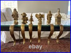 Set Of 6 Vintage Solid Brass Vintage Stocking Holders Santa Tree Mouse Church