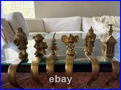 Set Of 6 Vintage Solid Brass Vintage Stocking Holders Santa Tree Mouse Church