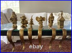 Set Of 6 Vintage Solid Brass Vintage Stocking Holders Santa Tree Mouse Church
