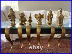 Set Of 6 Vintage Solid Brass Vintage Stocking Holders Santa Tree Mouse Church