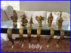 Set Of 6 Vintage Solid Brass Vintage Stocking Holders Santa Tree Mouse Church