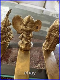 Set Of 6 Vintage Solid Brass Vintage Stocking Holders Santa Tree Mouse Church