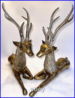 Set of 2 Cast Brass Deer Stags MCM Christmas Reindeer Centerpiece 21x19 26lbs