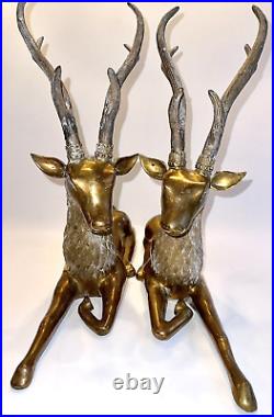 Set of 2 Cast Brass Deer Stags MCM Christmas Reindeer Centerpiece 21x19 26lbs