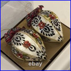 Set of 2 MacKenzie-Childs Capiz Tartan Teardrop Glass Ornaments with Box Mint
