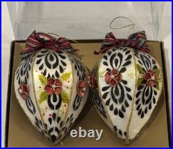 Set of 2 MacKenzie-Childs Capiz Tartan Teardrop Glass Ornaments with Box Mint