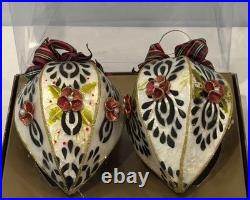 Set of 2 MacKenzie-Childs Capiz Tartan Teardrop Glass Ornaments with Box Mint
