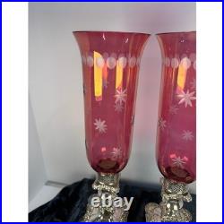 Set of 2 Ruby Red Etched Glass Hurricane Candle Holders Ornate Silver Base