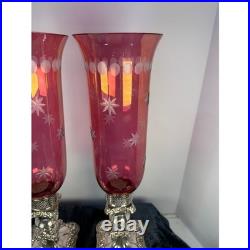 Set of 2 Ruby Red Etched Glass Hurricane Candle Holders Ornate Silver Base