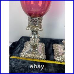 Set of 2 Ruby Red Etched Glass Hurricane Candle Holders Ornate Silver Base