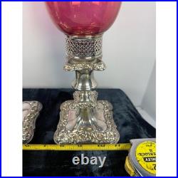 Set of 2 Ruby Red Etched Glass Hurricane Candle Holders Ornate Silver Base