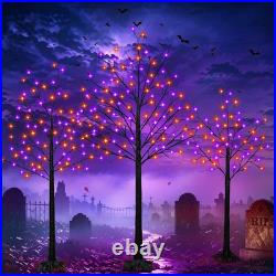 Set of 3 Lighted Black Halloween Tree Lights 4/5/6FT 300 LED Orange Purple