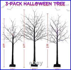 Set of 3 Lighted Black Halloween Tree Lights 4/5/6FT 300 LED Orange Purple