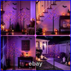 Set of 3 Lighted Black Halloween Tree Lights 4/5/6FT 300 LED Orange Purple