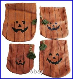 Set of 4 Pumpkin Jack O Lantern Drawstring Burlap Sack Gift Bag Halloween Decor