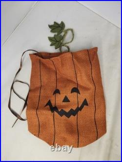 Set of 4 Pumpkin Jack O Lantern Drawstring Burlap Sack Gift Bag Halloween Decor