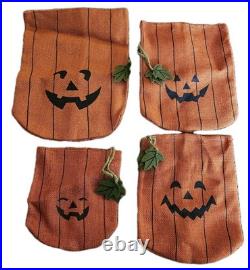Set of 4 Pumpkin Jack O Lantern Drawstring Burlap Sack Gift Bag Halloween Decor
