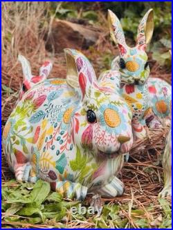 Seven Bright Boho Floral Designed Spring Bunnies Made With Decoupage