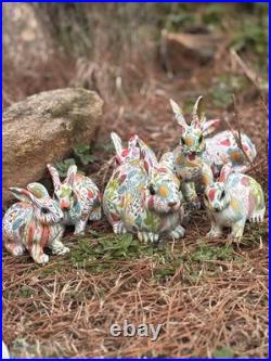 Seven Bright Boho Floral Designed Spring Bunnies Made With Decoupage