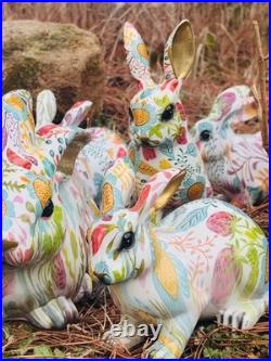 Seven Bright Boho Floral Designed Spring Bunnies Made With Decoupage