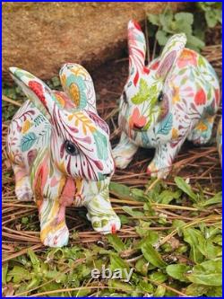 Seven Bright Boho Floral Designed Spring Bunnies Made With Decoupage