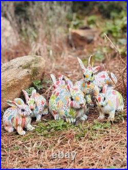 Seven Bright Boho Floral Designed Spring Bunnies Made With Decoupage