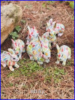 Seven Bright Boho Floral Designed Spring Bunnies Made With Decoupage