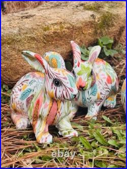 Seven Bright Boho Floral Designed Spring Bunnies Made With Decoupage