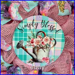 Simply Blessed Spring Watering Can Robin Blue and Pink Wreath Handmade Deco Mesh