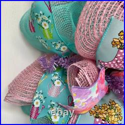 Simply Blessed Spring Watering Can Robin Blue and Pink Wreath Handmade Deco Mesh