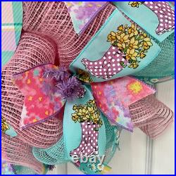 Simply Blessed Spring Watering Can Robin Blue and Pink Wreath Handmade Deco Mesh