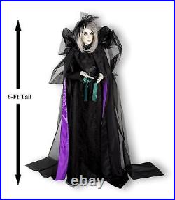 Standing Pretty Gothic Witch White Light-Up Eyes W Crow Halloween Decor 6-ft NEW