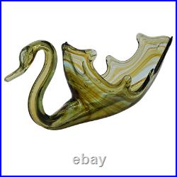Swan Art Glass 17 Hand Blown Dish MidCentury Murano Green Copper Swirl Vtg EUC