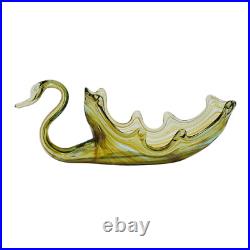 Swan Art Glass 17 Hand Blown Dish MidCentury Murano Green Copper Swirl Vtg EUC