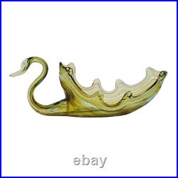Swan Art Glass 17 Hand Blown Dish MidCentury Murano Green Copper Swirl Vtg EUC