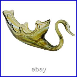 Swan Art Glass 17 Hand Blown Dish MidCentury Murano Green Copper Swirl Vtg EUC