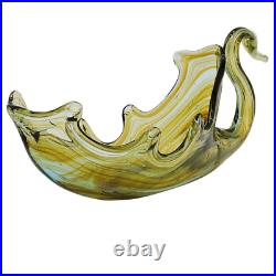 Swan Art Glass 17 Hand Blown Dish MidCentury Murano Green Copper Swirl Vtg EUC