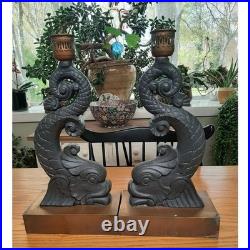Two antique cast iron Andirons(Fire dogs) candle holders