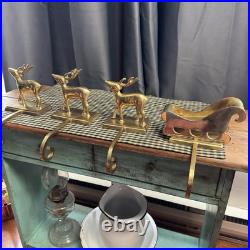 VINTAGE Brass Stocking Holder Set Reindeer Sleigh Deer Hanger Gold Tone Heavy VINTAGE Brass Stocking Holder Set Reindeer Sleigh Deer Hanger Gold Tone Heavy