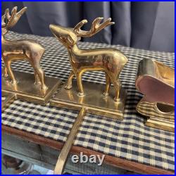 VINTAGE Brass Stocking Holder Set Reindeer Sleigh Deer Hanger Gold Tone Heavy VINTAGE Brass Stocking Holder Set Reindeer Sleigh Deer Hanger Gold Tone Heavy