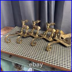 VINTAGE Brass Stocking Holder Set Reindeer Sleigh Deer Hanger Gold Tone Heavy VINTAGE Brass Stocking Holder Set Reindeer Sleigh Deer Hanger Gold Tone Heavy