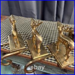 VINTAGE Brass Stocking Holder Set Reindeer Sleigh Deer Hanger Gold Tone Heavy VINTAGE Brass Stocking Holder Set Reindeer Sleigh Deer Hanger Gold Tone Heavy