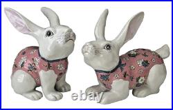 VTG Ceramic Chinese Bunny Rabbit Figurines White Pink Floral Macau Easter