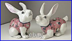 VTG Ceramic Chinese Bunny Rabbit Figurines White Pink Floral Macau Easter